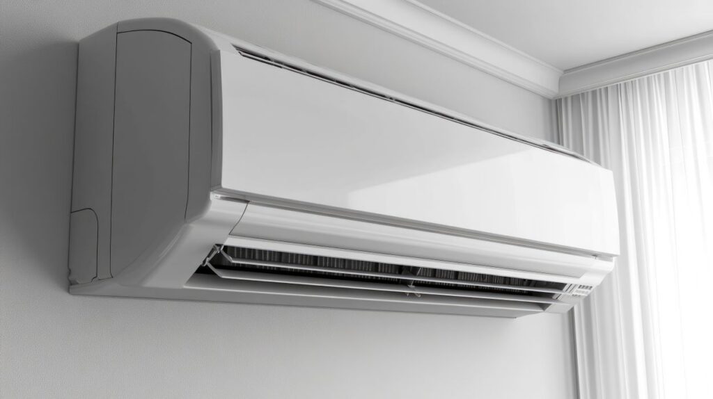 Ductless Air Conditioning. Clean Indoor Unit of Mini Split AC System Blowing Cold Air for Climate Control
